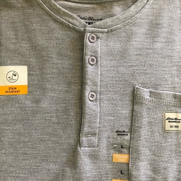 Eddie Bauer Workwear LS Thermal Knit Henley Gray Sz. L Stain Resistant Casual - Picture 4 of 7